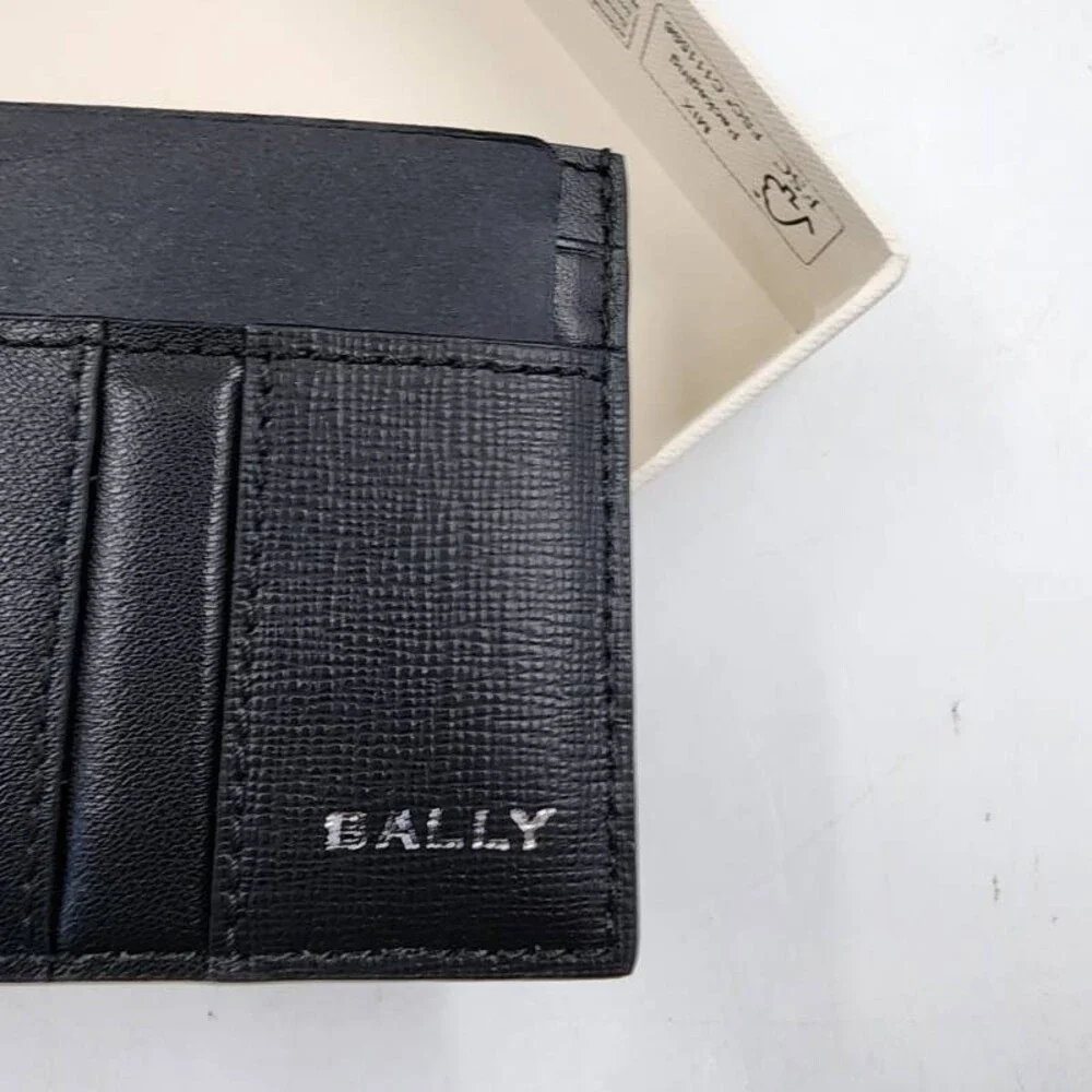 Bally Elegant Leather Card Case Unisex One Size Black Silver-Tone Logo Lettering